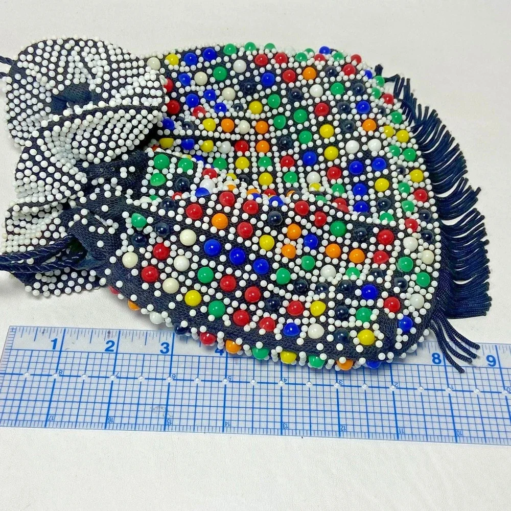 Vintage Beaded Cinch Purse Fringed  Bag‎ 1970's Candy Dot Drawstring Colorful